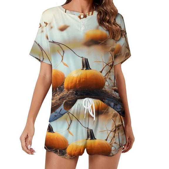 Thanksgiving Pumpkins Women's Ruffle Short Sleeve Tops And Shorts Cute Peeps Bunny Pajamas Sets