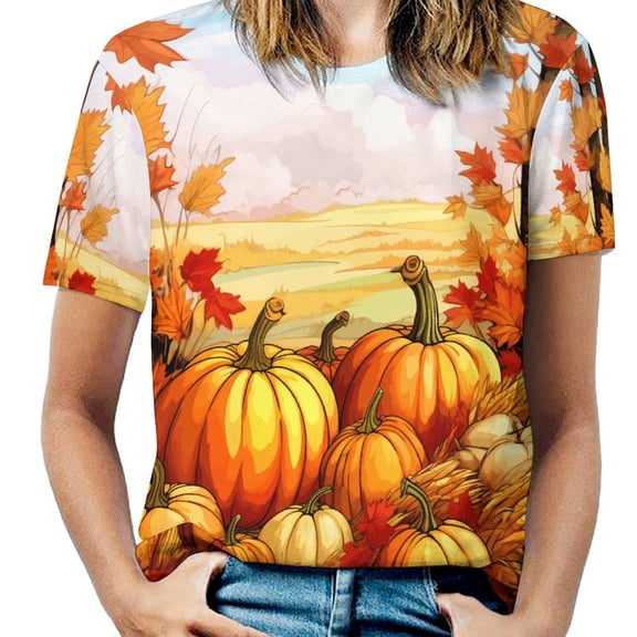 Thanksgiving Pumpkins Women's T-Shirt Short Sleeve T Shirts Tops Tee Ladies Loose T