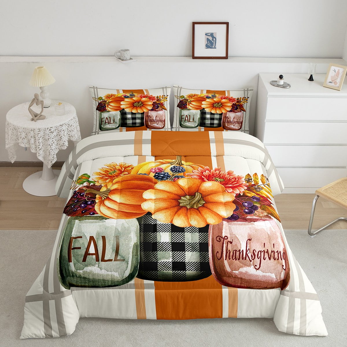 Thanksgiving Queen Size Comforter Set for Girls Women Fall Decor