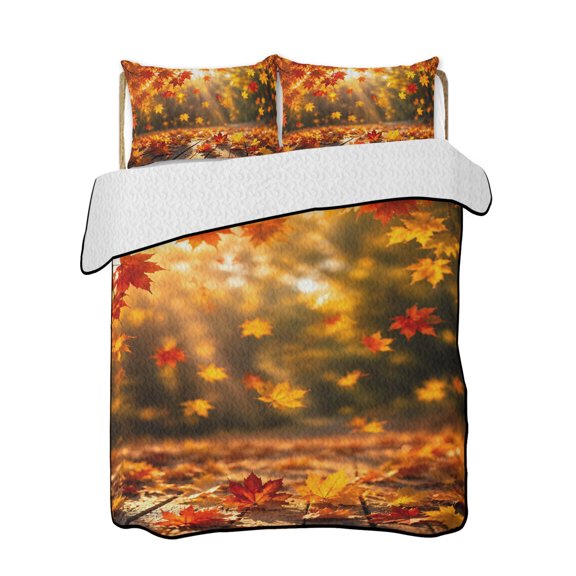 Thanksgiving Quilts Bedding Set California King Fall Orange Yellow Red Maple Leaf Woodland Sunbeam Lightweight Quilted Bedspread 3 Piece Bed Quilt with 2 Pillow Shams for Bedroom 96" x 106"