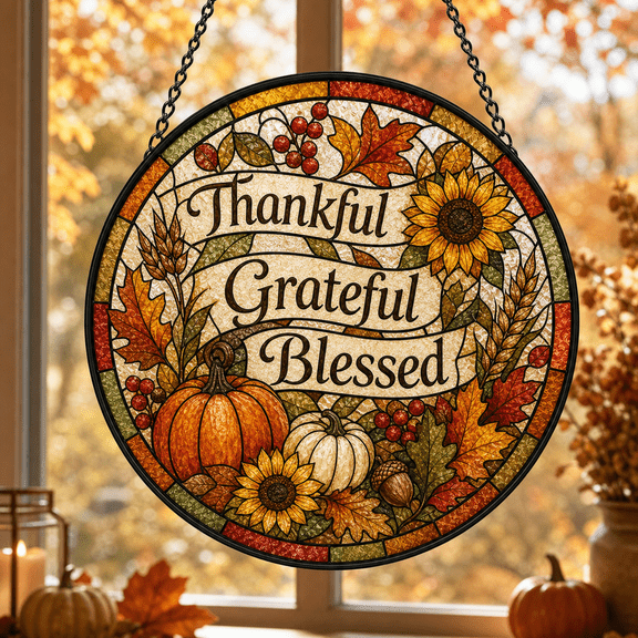 Thanksgiving Quote Stained Glass Suncatcher | Thankful Grateful Blessed Window Decor