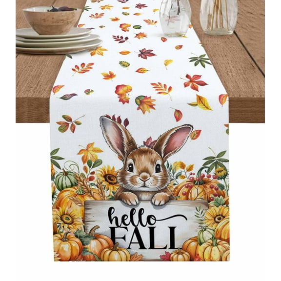 Thanksgiving Rabbit Burlap Cotton Table Runner 13x36 Inches Short, Fall Pumpkins Sunflowers Leaves Farmhouse Table Runners, Outdoor Dining Tablecloths Decor for Baby Shower/Party/Wedding