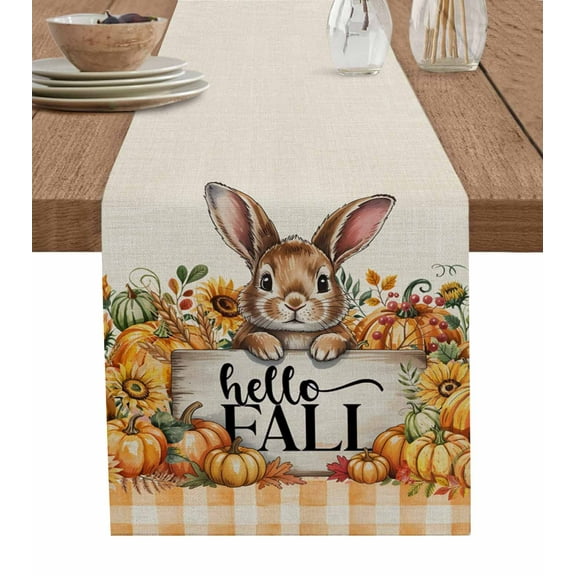 Thanksgiving Rabbit Burlap Cotton Table Runner 14x72 Inches Long, Fall Pumpkin Sunflower Retro Orange Plaid Farmhouse Table Runners, Outdoor Dining Tablecloths Decor for Baby Shower/Party/Wedding
