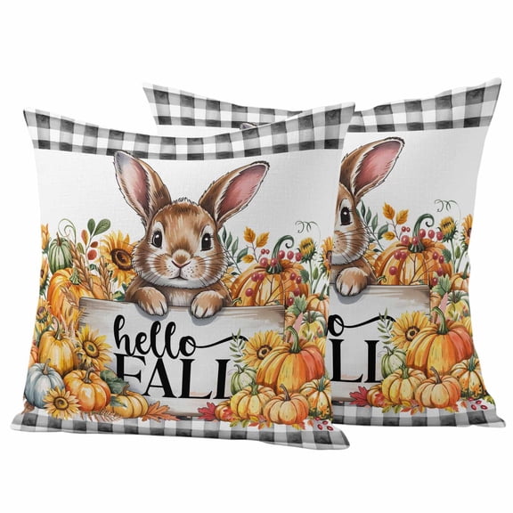 Thanksgiving Rabbit Outdoor Waterproof Pillow Covers, Fall Orange Pumpkins Retro Plaid Decorative Square Throw Pillowcase Sofa Cushion Sham for Patio/Couch/Chair, 16"x16" 2 Pack