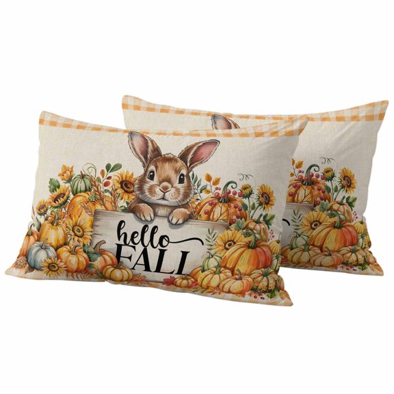 Thanksgiving Rabbit Outdoor Waterproof Pillow Covers, Fall Pumpkin Sunflower Retro Orange Plaid Decorative Rectangle Throw Pillowcase Sofa Cushion Sham for Patio/Couch/Chair, 20"x12" 2 Pack