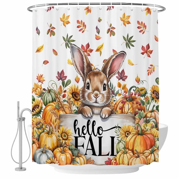 Thanksgiving Rabbit Shower Curtain, Waterproof Shower Curtains for Bathroom, Autumn Pumpkins Sunflowers Leaves Washable Fabric Bathtub Curtain Set Bath Decor with 12 Hooks Extra Long 72"x96"