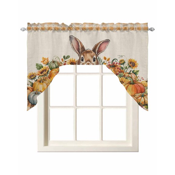 Thanksgiving Rabbit Swag Valances for Windows, Small Curtains Drapes, Fall Pumpkin Sunflower Retro Orange Plaid Kitchen Window Curtains Over Sink Window Treatment Valance for Bedroom/Bathroom 56"x36"