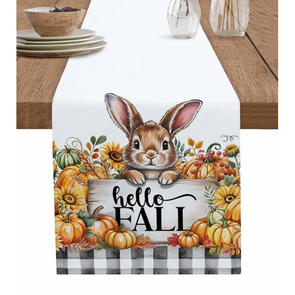 Thanksgiving Rabbit Table Runner 48 Inches, Fall Orange Pumpkins Retro Plaid Bed Runner Dresser Scarves Tabletop for Indoor Outdoor Parties/Ceremony/Banquet, 13" x 48"