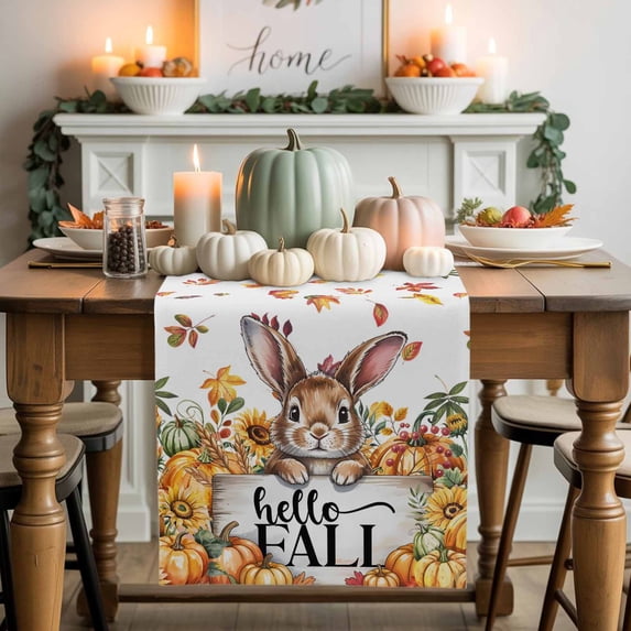 Thanksgiving Rabbit Table Runner, Autumn Thanksgiving Kitchen Dining Table Decoration for Home Party Decor 13x72 Inches