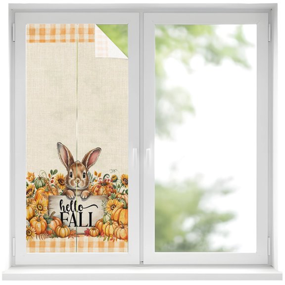 Thanksgiving Rabbit Window Privacy Film, Hello Fall Frosted Glass Window Clings Static Cling UV Heat Blocking Reusable Door Sticker for Bathroom 17.7 x 39.3 Inch