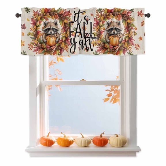 Thanksgiving Raccoon Valances for Windows, 42 x 18in, It's Fall Y'all Pumpkin Leaf Linen Rod Pocket Kitchen Valance Curtain Light Filtering Window Treatments for Living Room Bedroom, 1 Panel