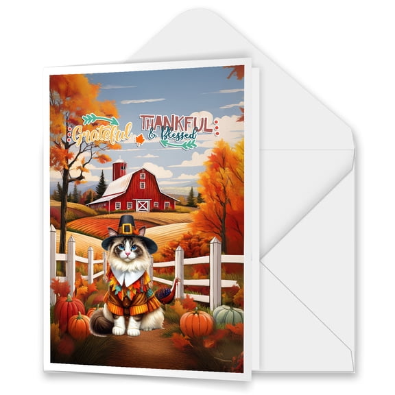 Thanksgiving Ragdoll Pilgrim Grateful, Thankful, Blessed Fall Welcome 5x7in Folded Greeting Card Cat Lover Kitten Owner Gifts Idea Single Note Card with Envelope - 00021