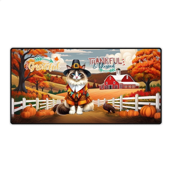 Thanksgiving Ragdoll Pilgrim Grateful, Thankful, Blessed Fall Welcome Desk Mat Full Keyboard Mouse Pad Cat Lover Kitten Owner Gifts Idea Large Mousepad - 00021