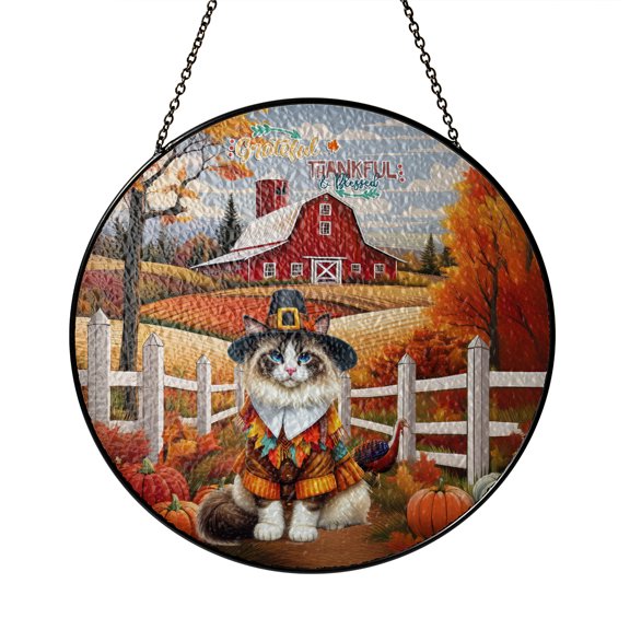 Thanksgiving Ragdoll Pilgrim Grateful, Thankful, Blessed Fall Welcome Stained Glass Suncatcher Cat Lover Kitten Owner Gifts Idea Window Hanging Sign Decor - 00021