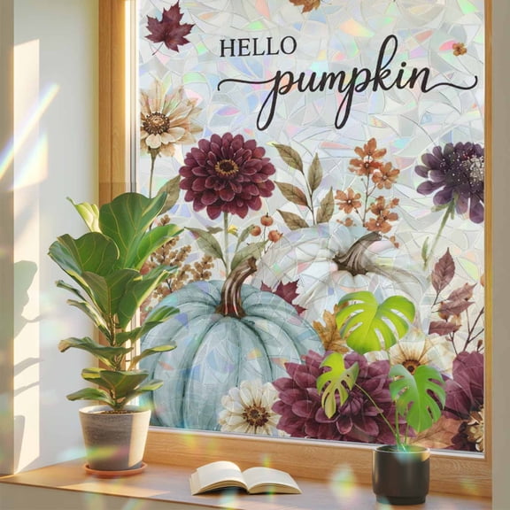 Thanksgiving Rainbow Window Privacy Film, Amber Glazed Green Pumpkin Deep Red Flower Stained Glass Window Film, Sun Blocking Glass Clings Static Cling Non Adhesive Door Stickers 17.7 x 39.3 Inches