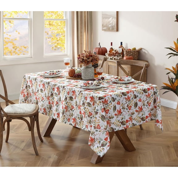 Thanksgiving Red Leaves Festival Fabric Tablecloth, 52 x 52 Square, Autumn Leaves Harvest Dining Table Cover, Easy Care Fall Decor
