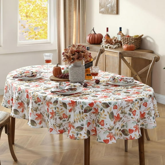 Thanksgiving Red Leaves Festival Fabric Tablecloth, 60 x 84 Oval, Autumn Leaves Harvest Dining Table Cover, Easy Care Fall Decor