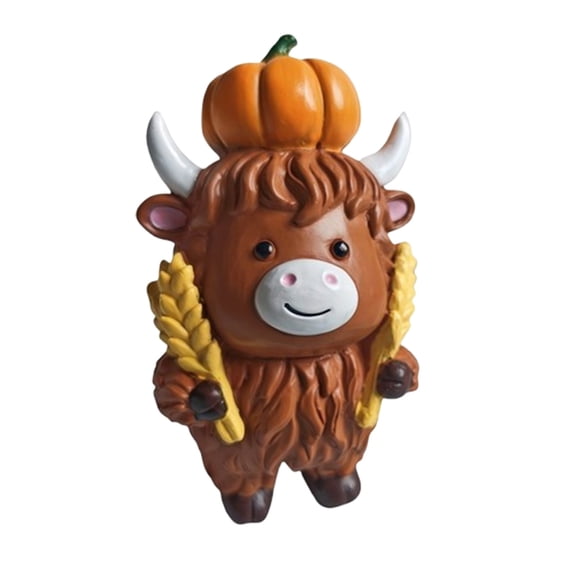Thanksgiving Resin Figurine with Highland Cow, Maple Leaves and Pumpkin Decor, Cute Tabletop Decoration for Fall and Holiday Display, 2.95*3.93In