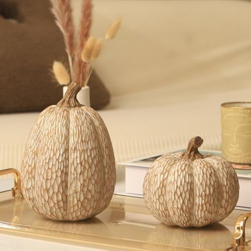 Thanksgiving Resin Pumpkins Fall Decor, Brown and White Decorative Pumpkins Figurine, Artificial Carved Faux Pumpkin Statues for Rustic Fall Tabletop Home Decor, Farmhouse, Autumn, Harvest, Wedding