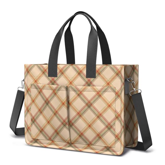 Thanksgiving Retro Fall Diagonal Plaid Pattern Canvas Messenger Tote Bag, Laptop Shoulder Bag with Multi Pockets & Removable Strap, Large Capacity Gifts for Work Travel Shopping