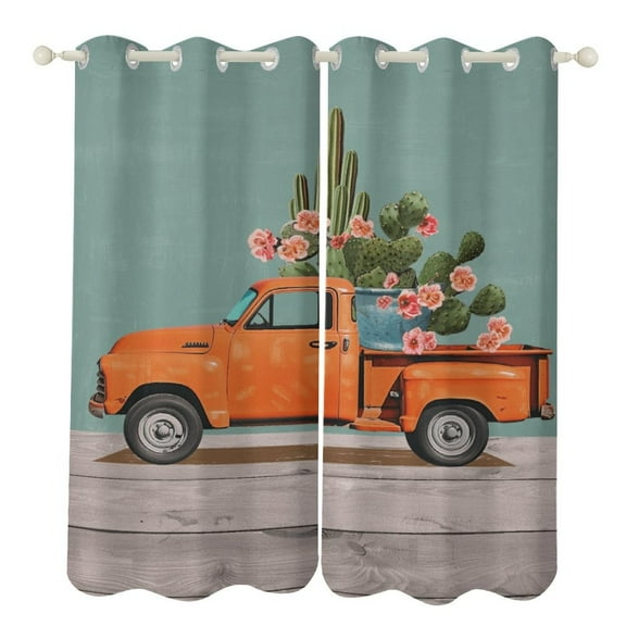Thanksgiving Retro Truck 2 Panel Curtain Set, Watercolor Painting Window Treatment Living Room Bedroom Decor