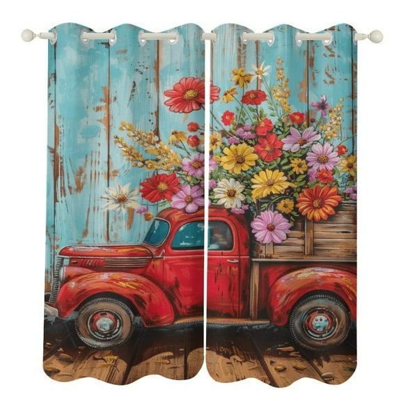 Thanksgiving Retro Truck Blackout Curtains, Watercolor Pattern Window Treatment Grommet Curtains for Bedroom Thermal Insulated Window Curtains for Living Room 2 Panel Set