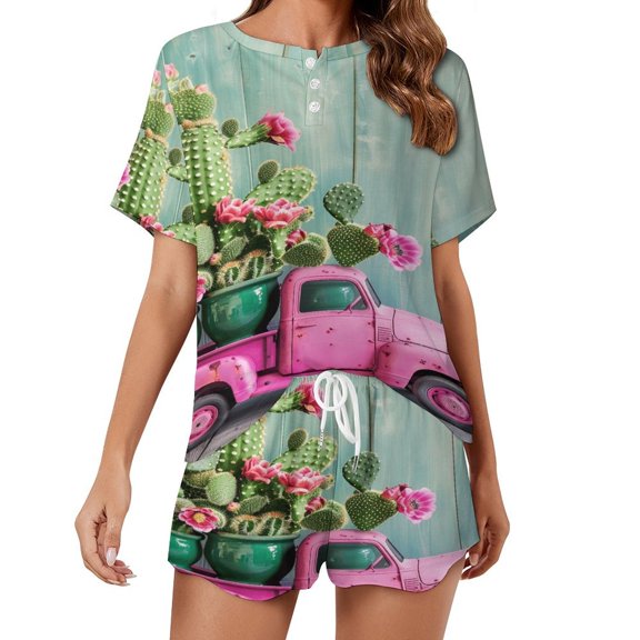 Thanksgiving Retro Truck Pajama Set for Women 2 Piece Sleepwear Loungewear Short Sleeve