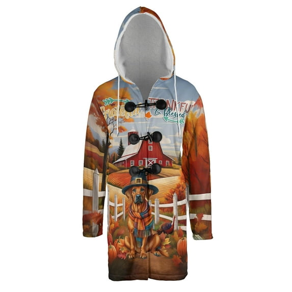 Thanksgiving Rhodesian Ridgeback Pilgrim Grateful, Thankful, Blessed Fall Welcome All Over Print 3D Hooded Duffle Toggle Coat Ridgebacks Dog Lover Gifts - 00021