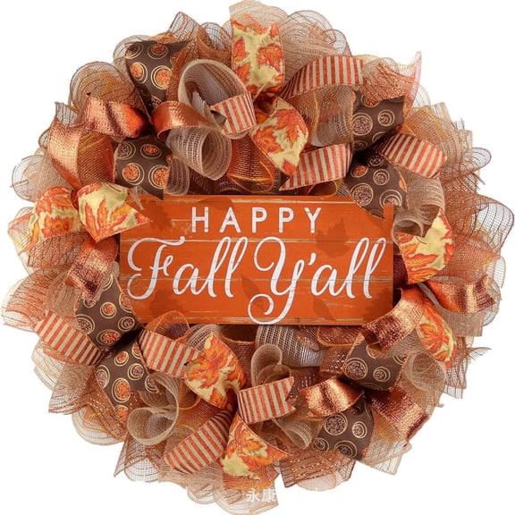 Thanksgiving Ribbon Wreath, Happy Fall Y'All Harvest Front Door Wreath for Farmhouse Porch Entryway Fall Home Decor Orange