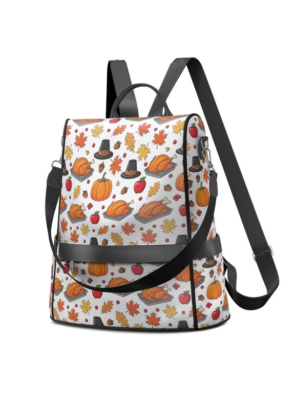 Thanksgiving Roast Turkey Pilgrim Hat Apple Fashion Backpack, Fashion Handbag Backpack with Side Bottle Pockets & Convertible Strap, Water Repellent Polyester Gifts for Women Casual Use