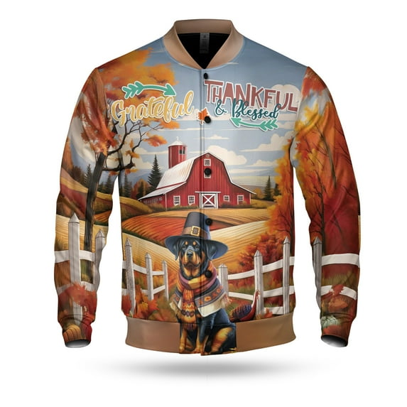 Thanksgiving Rottweiler Pilgrim Grateful, Thankful, Blessed Fall Welcome All Over Print 3D Baseball Jacket Rottie Dog Lover Gifts Idea Bomber Jacket Softball - 00021