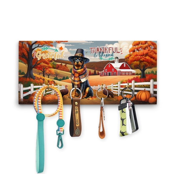 Thanksgiving Rottweiler Pilgrim Grateful, Thankful, Blessed Fall Welcome Wood Key Holder Rottie Dog Lover Gifts Idea Wall-mounted Key Rack Home Decor - 00021