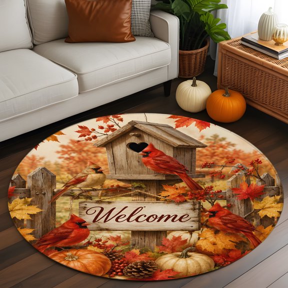 Thanksgiving Round Area Rug 4 FT, Non Slip Indoor Outdoor Rug, Fall Barn Cardinal Pumpkin Maple Leaves Washable Soft Circular Carpet Non-Shedding Floor Mat for Coffee Table Nursery Foyer Balcony