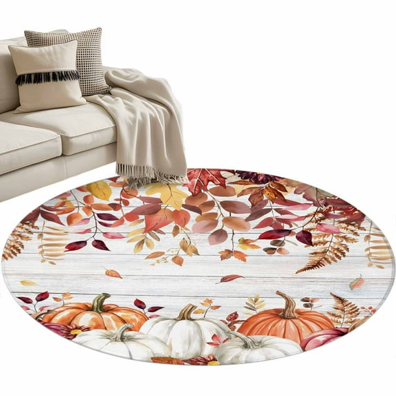 Thanksgiving Round Area Rug 4 FT, Non Slip Indoor Outdoor Rug, Fall White Orange Pumpkin Leaves Wooden Washable Soft Circular Carpet Non-Shedding Floor Mat for Coffee Table Nursery Foyer Balcony