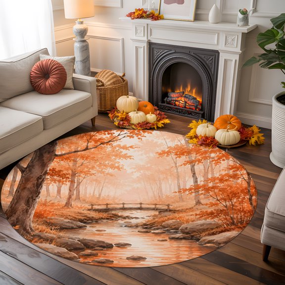 Thanksgiving Round Area Rug 6 FT, Non Slip Bedroom Area Rug, Fall Farmhouse Maple Leave Trees Forest Washable Soft Circular Carpet Non-Shedding Floor Mat for Kitchen Dining Room Home Office Kids Room