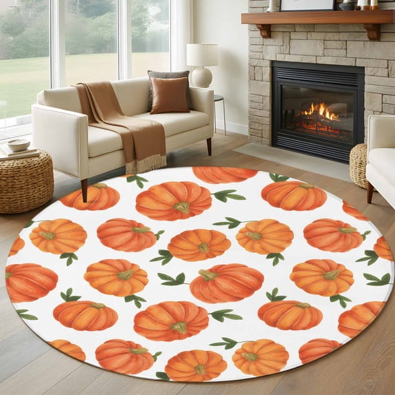 Thanksgiving Round Area Rug 7Ft Washable Circle Rugs for Dorm Laundry Room, Fall Orange Pumpkin Green Maple Leaves Non-Slip Carpet Floor Mats Indoor Outdoor Carpet Runner Aesthetic Home Decor