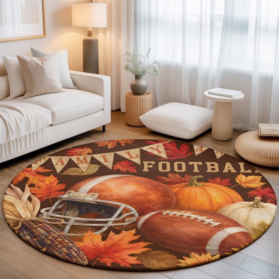 Thanksgiving Round Area Rugs 3 ft, Fall Sports Football Helmet Pumpkins Maple Leaf Washable Small Area Rug with Non-Slip Sturdy Edge Binding Round Front Door Mat Floor Carpet for Entryway