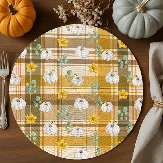 Thanksgiving Round Braided Placemats Set of 1, Fall White Pumpink Flower Brown Green Shadowed Grid Heat Insulation Place Mats Washable Non-Slip Table Mats for Kitchen Dining Party, 13 Inches