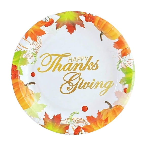 Thanksgiving Round Paper Plates, Disposable Autumn Party Tableware with Maple Leaf & Pumpkin Print, Ideal for Fall Gatherings, Thanksgiving Celebrations, & Events, 12 Count