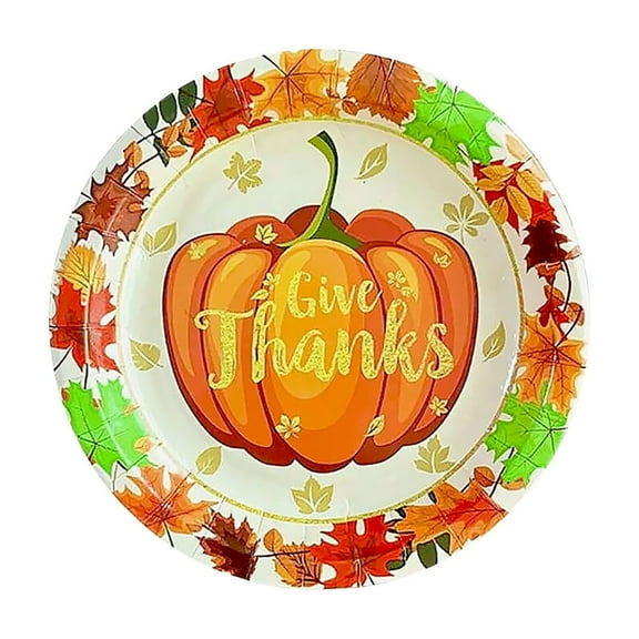 A Thanksgiving Round Paper Plates Disposable Fall Party With Maple Leaf Pumpkin Print Sturdy Paper And Eco-Friendly For Holiday Gathering And Dinner 7X7In 0.16Lb