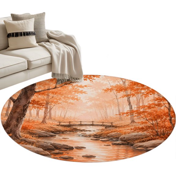 Thanksgiving Round Rug 3.3ft Washable Circle Entryway Rugs Non Slip Fall Farmhouse Maple Leave Trees Forest Area Rug Indoor Floor Carpet for Bedroom Kitchen Living Room Office Dining Room Nursery
