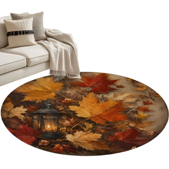 Thanksgiving Round Rug 3ft Washable Circle Entryway Rugs Non Slip Beige Fall Farmhouse Falling Maple Leaves Area Rug Indoor Floor Carpet for Bedroom Kitchen Living Room Office Dining Room Nursery