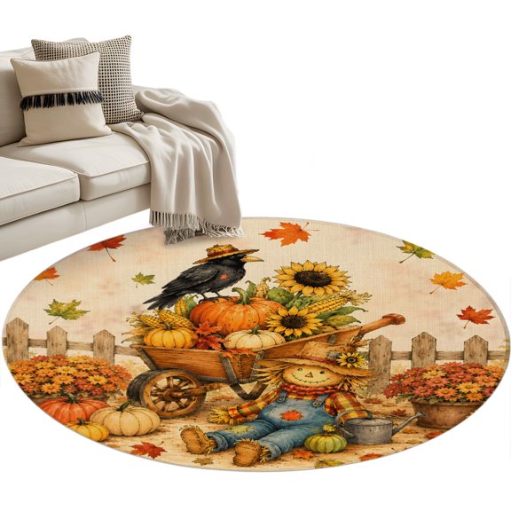 Thanksgiving Round Rug 4ft Washable Circle Entryway Rugs Non Slip Fall Harvest Punpkin Maple Leaf Farmhouse Area Rug Indoor Floor Carpet for Bedroom Kitchen Living Room Office Dining Room Nursery
