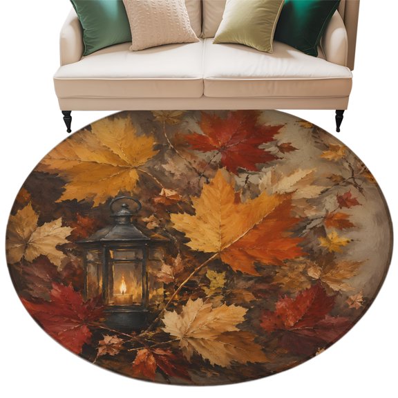 Thanksgiving Round Rug 8ft Washable Circle Rugs Non Slip Beige Fall Farmhouse Falling Maple Leaves Large Area Rug Indoor Floor Carpet for Bedroom Kitchen Living Room Home Office Dining Room Nursery