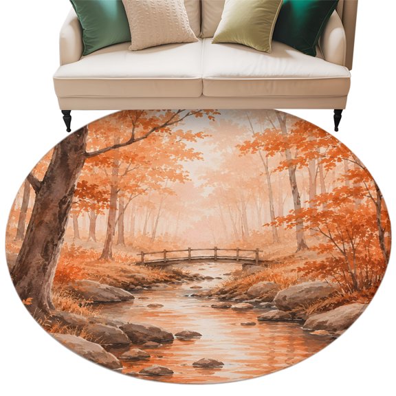Thanksgiving Round Rug 8ft Washable Circle Rugs Non Slip Fall Farmhouse Maple Leave Trees Forest Large Area Rug Indoor Floor Carpet for Bedroom Kitchen Living Room Home Office Dining Room Nursery