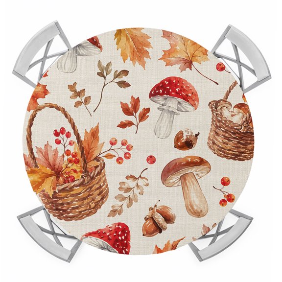 Thanksgiving Round Table Cover, Fall Red Mushroom Maple Leaf Acorns Farm Linen Texture Waterproof Fitted Tablecloths for 36"-44" Tables, Washable Picnic Table Cover for Camping Dining Indoor Outdoor