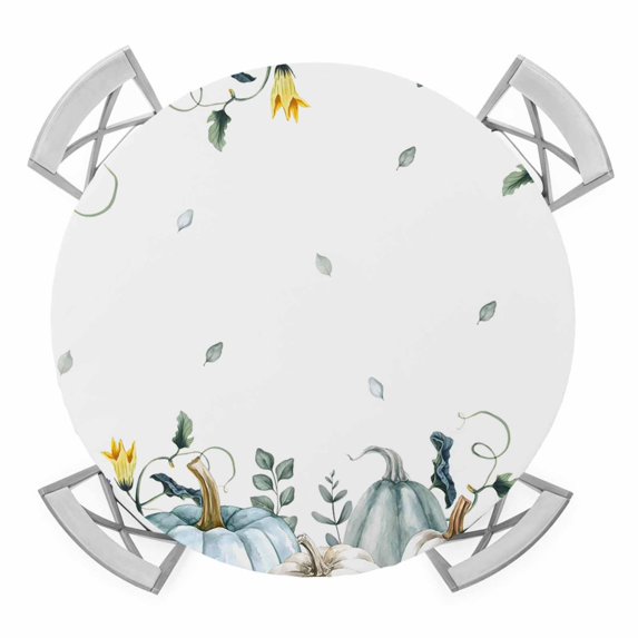 Thanksgiving Round Tablecloth for 45-54 Inch Tables, Fitted Table Cover with Elastic Edge, Blue White Pumpkin Autumn Fall Leaf Waterproof Outdoor Table Cloth Protector for Patio Garden Dinner Picnic