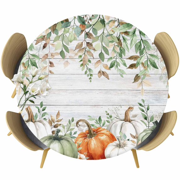 Thanksgiving Round Tablecloth, Fitted Table Cover with Elastic for 45"-54" Round Tables, Green White Orange Pumpkin Autumn Eucalyptus Table Cloth Outdoor Indoor Dinning Party Waterproof Tablecloths