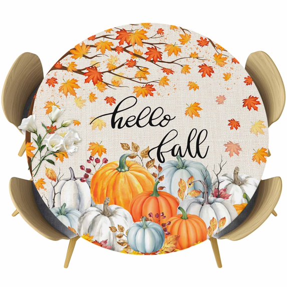 Thanksgiving Round Tablecloth, Fitted Table Cover with Elastic for 45"-54" Round Tables, Orange White Pumpkin Maple Leaf Branches Table Cloth Outdoor Indoor Dinning Party Waterproof Tablecloths