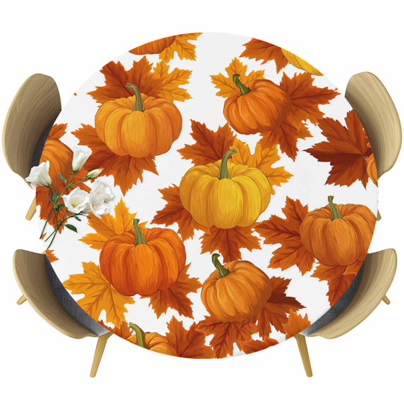 Thanksgiving Round Tablecloth, Fitted Table Cover with Elastic for 55"-60" Round Tables, Fall Orange Pumpkin Maple Leaves Farmhouse Table Cloth Outdoor Indoor Dinning Party Waterproof Tablecloths
